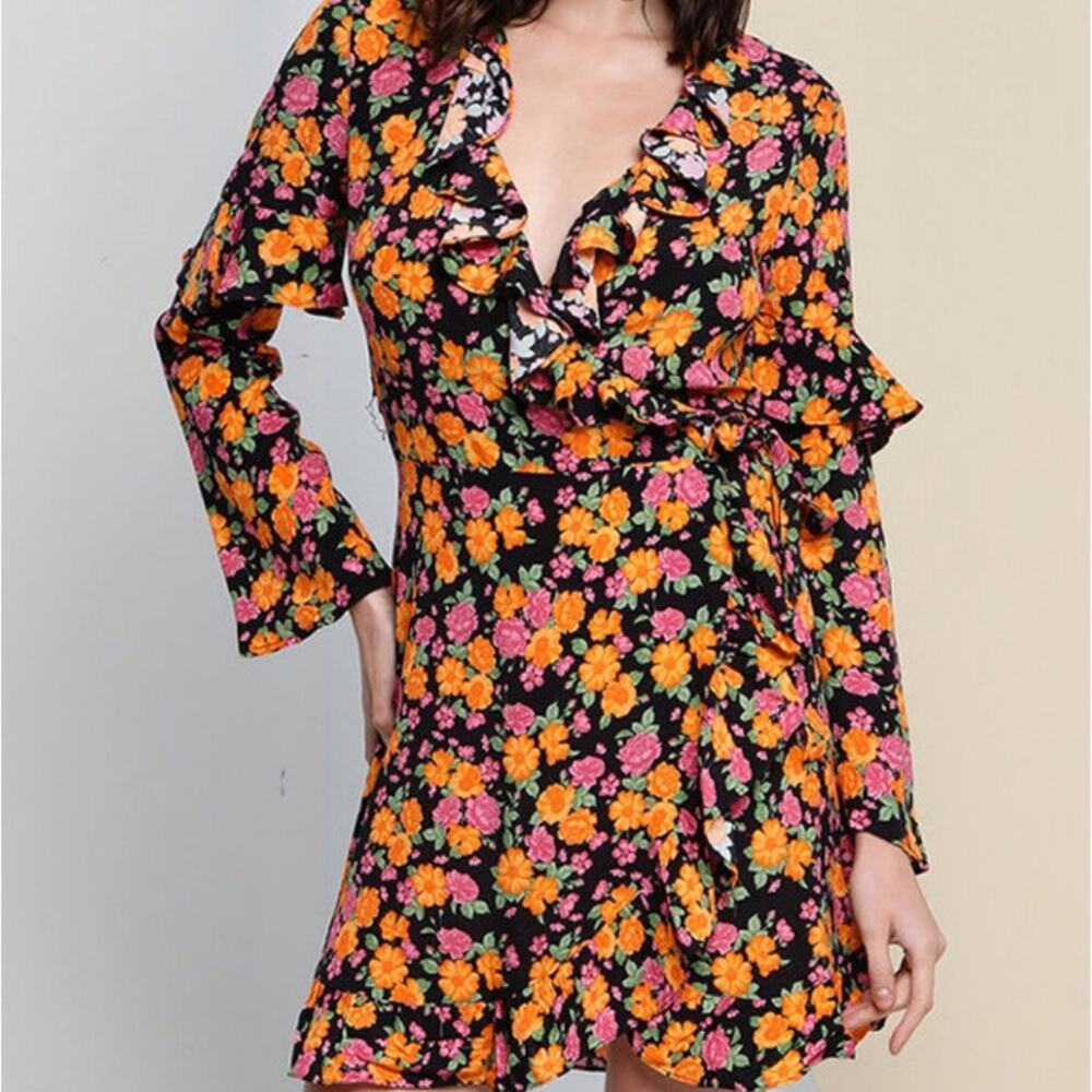 NWT TopShop Black Orange Pink Floral Rose Ruffle Longsleeve Wrap Dress Size 2
